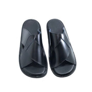 Men's Black Leather Cross Strap Slide Sandals